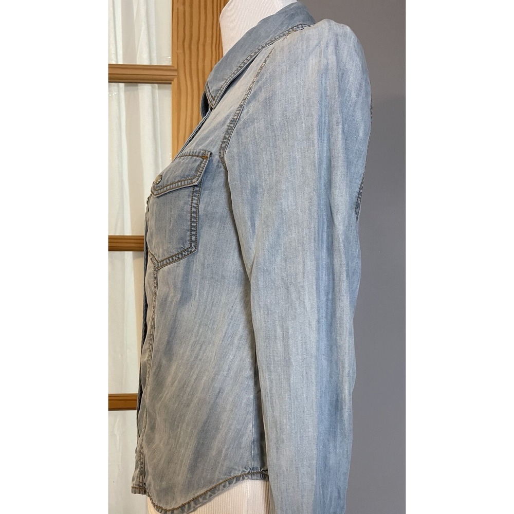 Trouve Women's Western Button Shirt Sz S Blue Tencel Pearl Snap Pockets Cowgirl - Picture 3 of 13